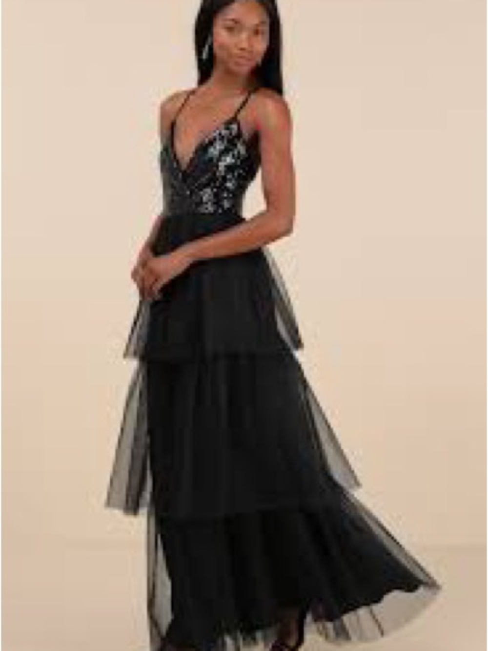 Lulus Black Sequin Tulle Maxi Dress Glam Goth Prom Formal Gown Dark Fairy Medium